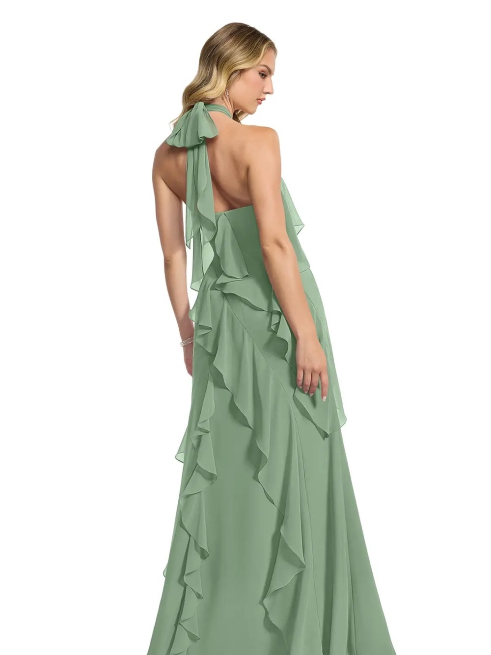 Azazie Velma Halter Ruffle Chiffon Maxi Dress Matcha - Picture 2 of 5